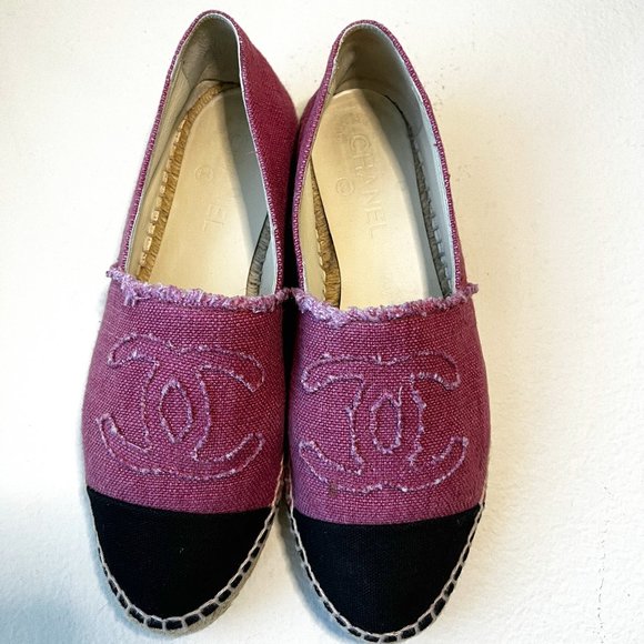 CHANEL CC ESPADRILLES PINK/BLK CANVAS - Picture 1 of 1